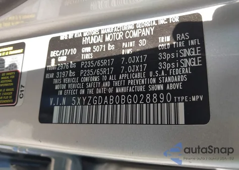 2011 Hyundai Santa Fe Gls из США, поврежденный, VIN 5XYZGDAB0BG028890